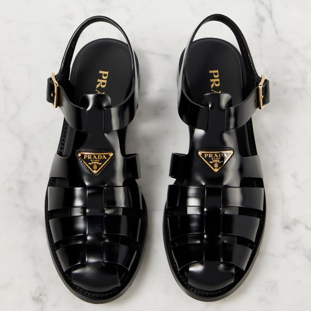 Prada Logo Black Leather Fisherman Sandals